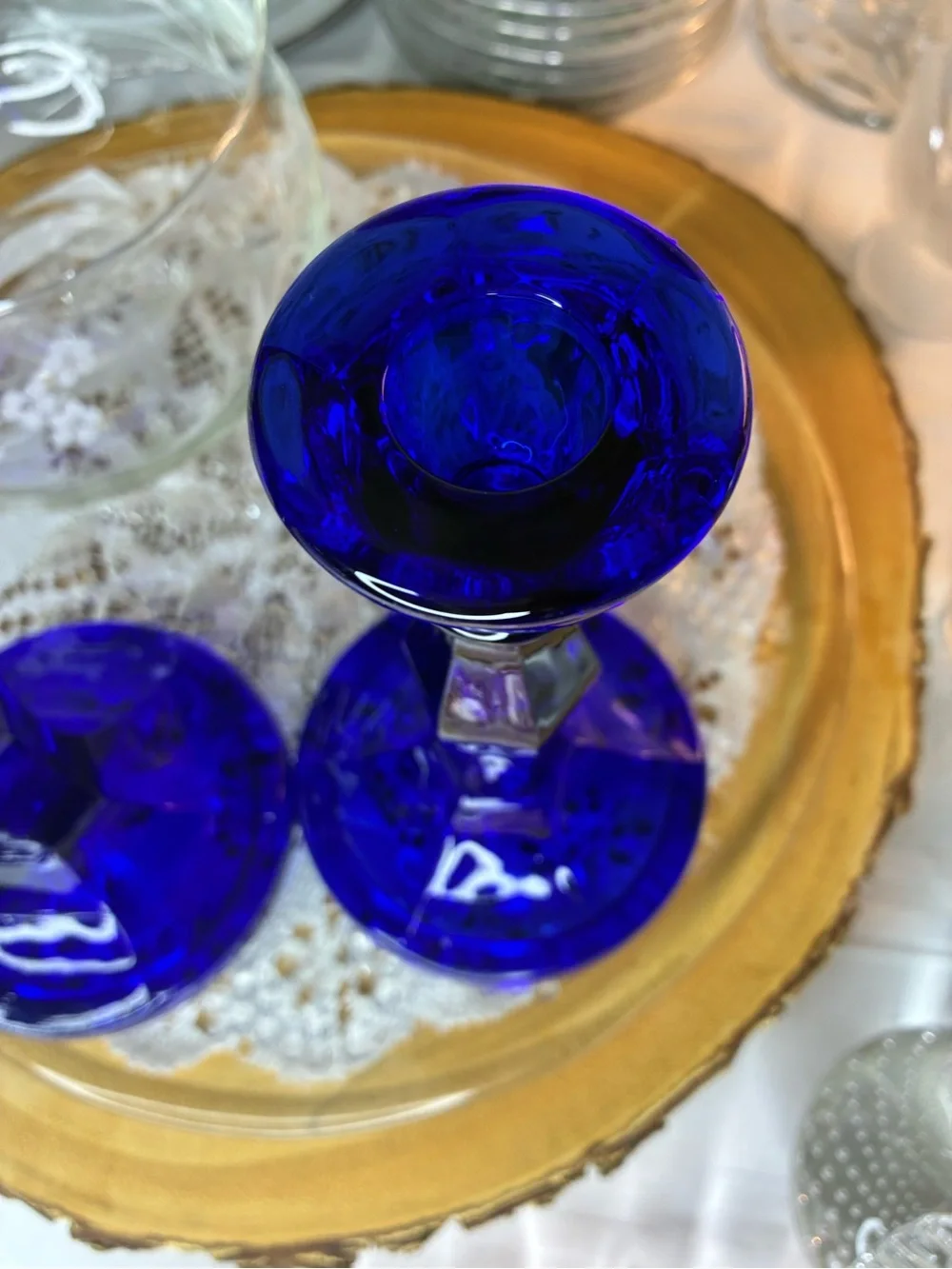 Cobalt Blue Glass Candlestick Pair - Elegant Home Accents